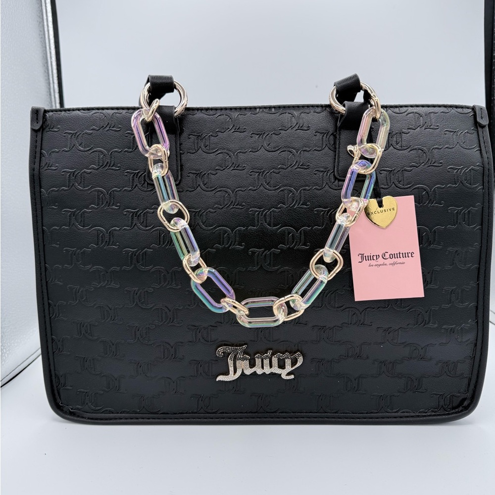 NWT‎ Juicy Couture Black Monogram Satchel Bag Chain Strap Rhinestone Logo